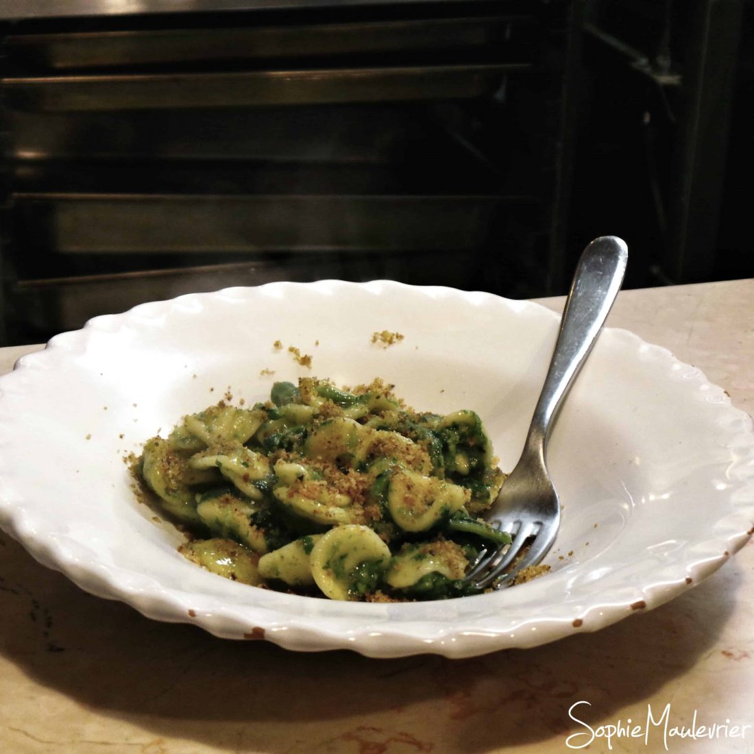 Orecchiette with turnip tops and fried bread crumbs